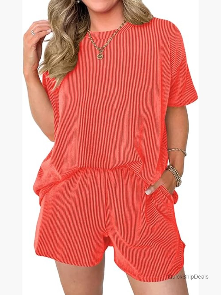 Ribbed Textured Knit Short Sleeve Shorts Lounge Matching Set